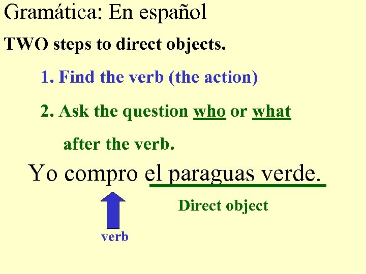Gramática: En español TWO steps to direct objects. 1. Find the verb (the action)