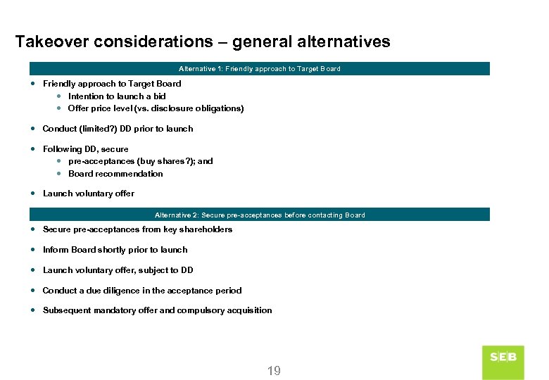 Takeover considerations – general alternatives Alternative 1: Friendly approach to Target Board Intention to