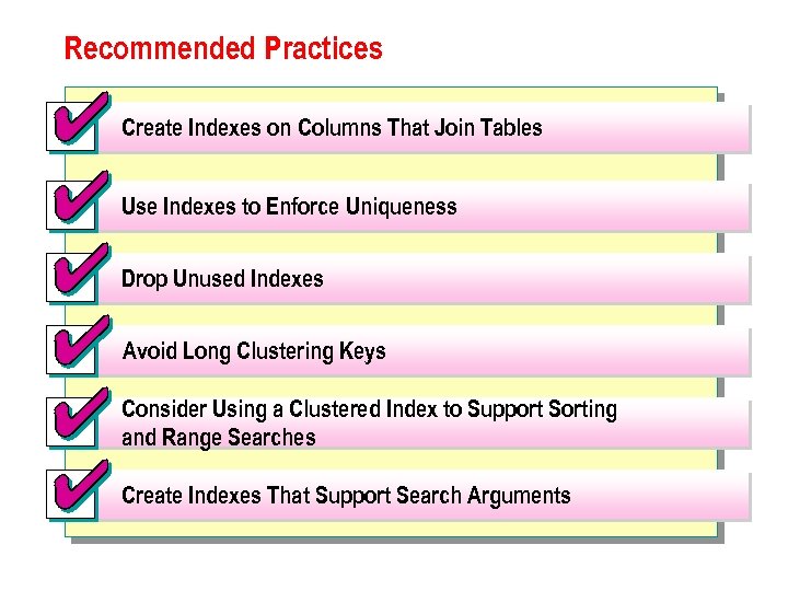 Recommended Practices Create Indexes on Columns That Join Tables Use Indexes to Enforce Uniqueness