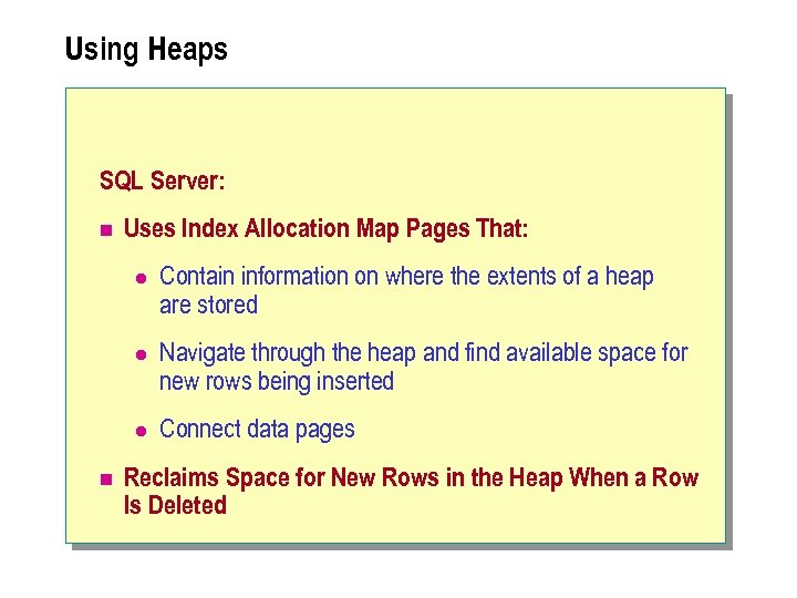 Using Heaps SQL Server: n Uses Index Allocation Map Pages That: l l Navigate