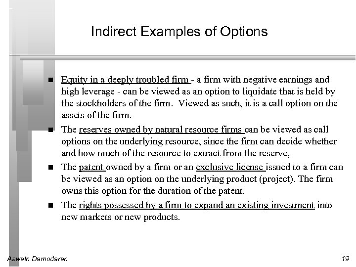 Indirect Examples of Options Equity in a deeply troubled firm - a firm with