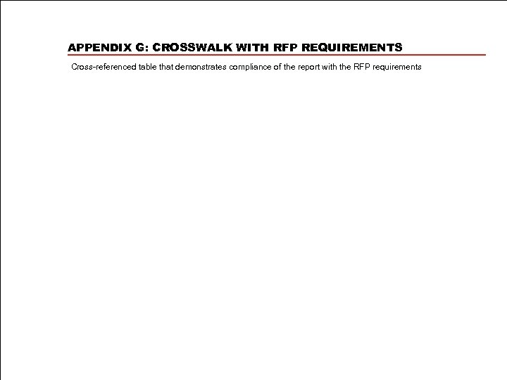 APPENDIX G: CROSSWALK WITH RFP REQUIREMENTS Cross-referenced table that demonstrates compliance of the report