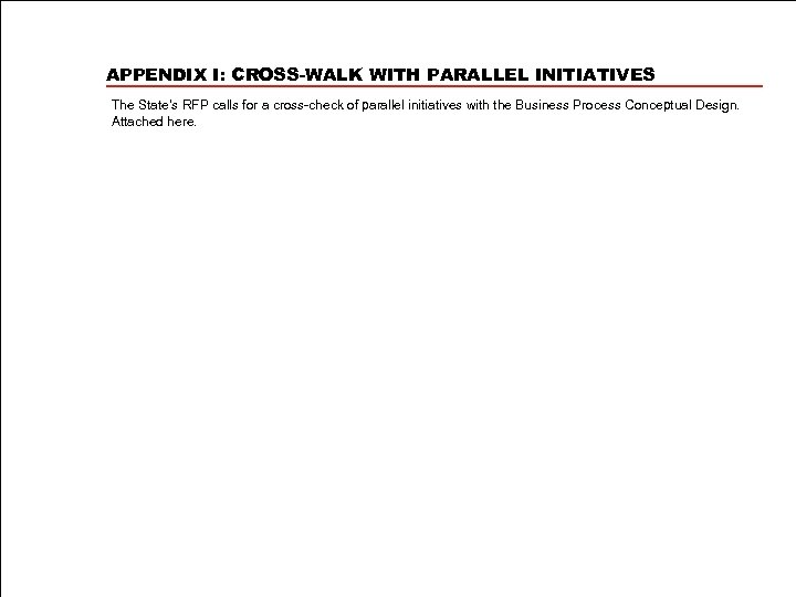 APPENDIX I: CROSS-WALK WITH PARALLEL INITIATIVES The State’s RFP calls for a cross-check of