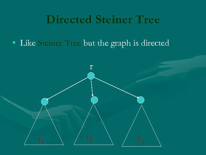 Directed Steiner Tree • Like Steiner Tree but the graph is directed r t