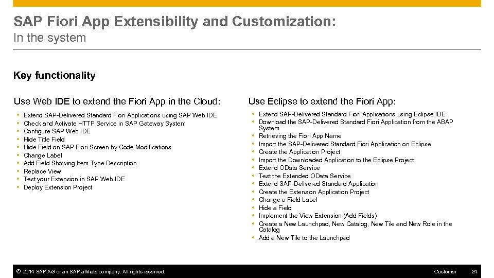 SAP Fiori App Extensibility and Customization: In the system Key functionality Use Web IDE