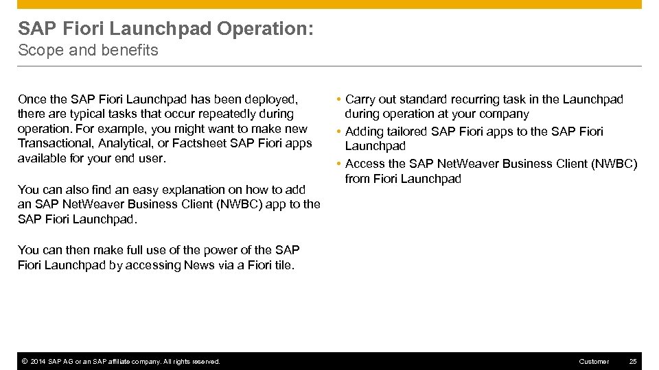 SAP Fiori Launchpad Operation: Scope and benefits Once the SAP Fiori Launchpad has been