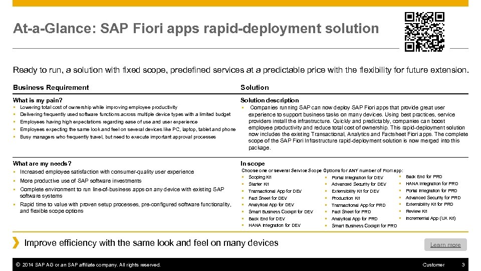 At-a-Glance: SAP Fiori apps rapid-deployment solution Ready to run, a solution with fixed scope,