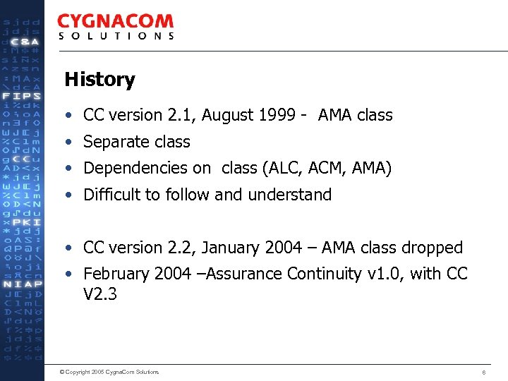 History • CC version 2. 1, August 1999 - AMA class • Separate class