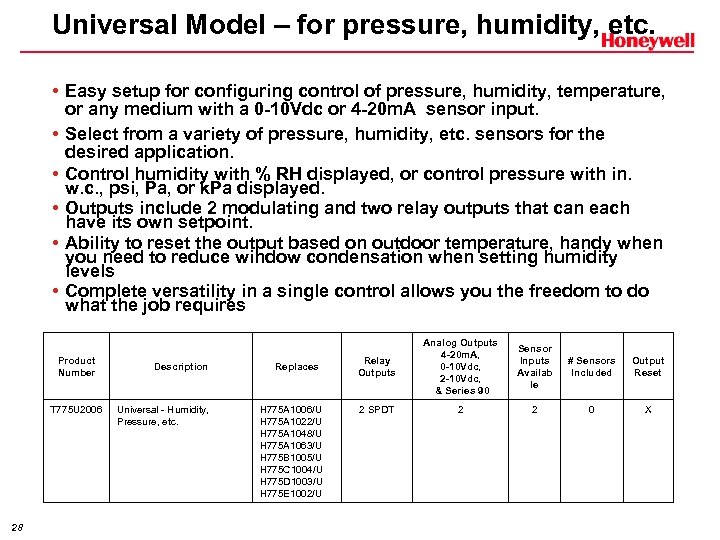 Universal Model – for pressure, humidity, etc. • Easy setup for configuring control of
