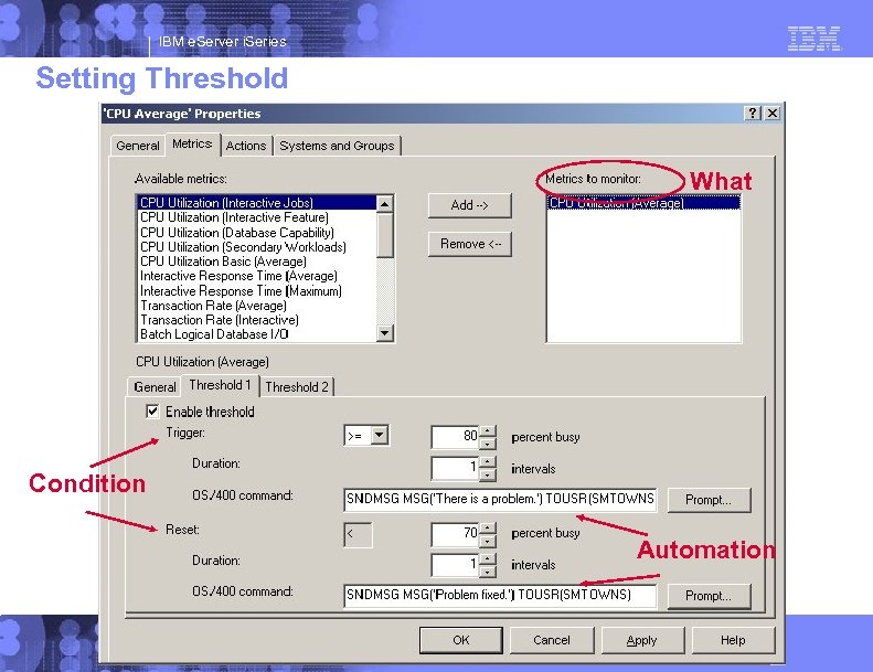IBM e. Server i. Series Setting Threshold What Condition Automation © 2003 IBM Corporation