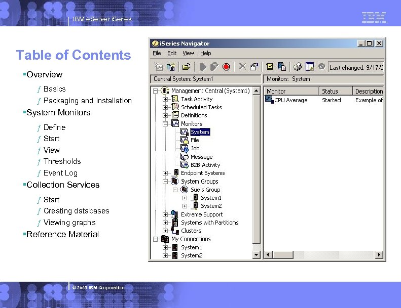 IBM e. Server i. Series Table of Contents §Overview ƒ Basics ƒ Packaging and