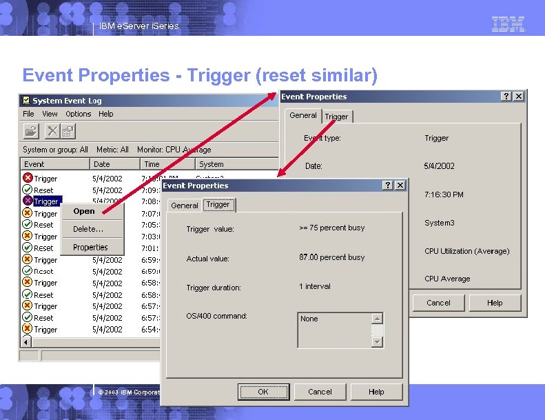 IBM e. Server i. Series Event Properties - Trigger (reset similar) © 2003 IBM