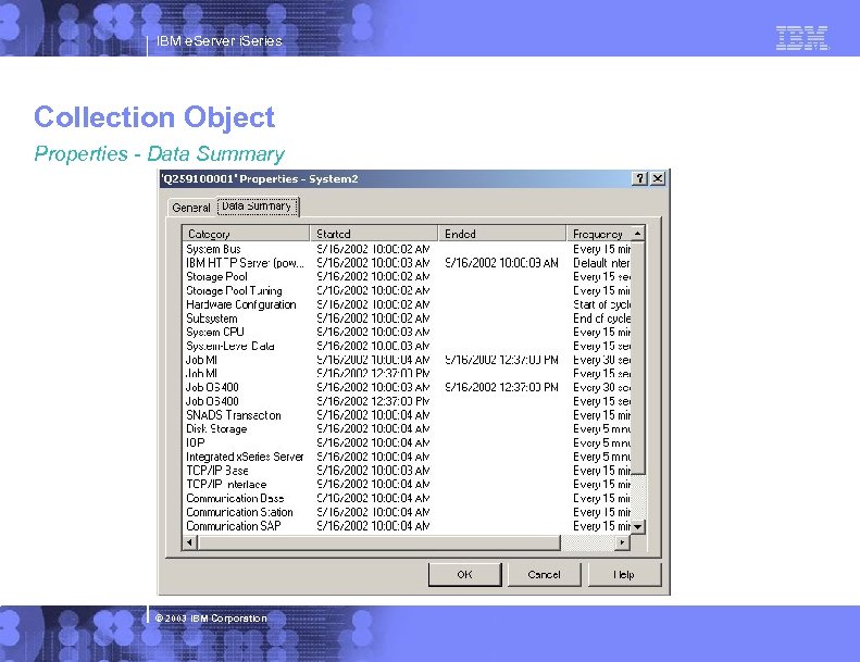 IBM e. Server i. Series Collection Object Properties - Data Summary © 2003 IBM