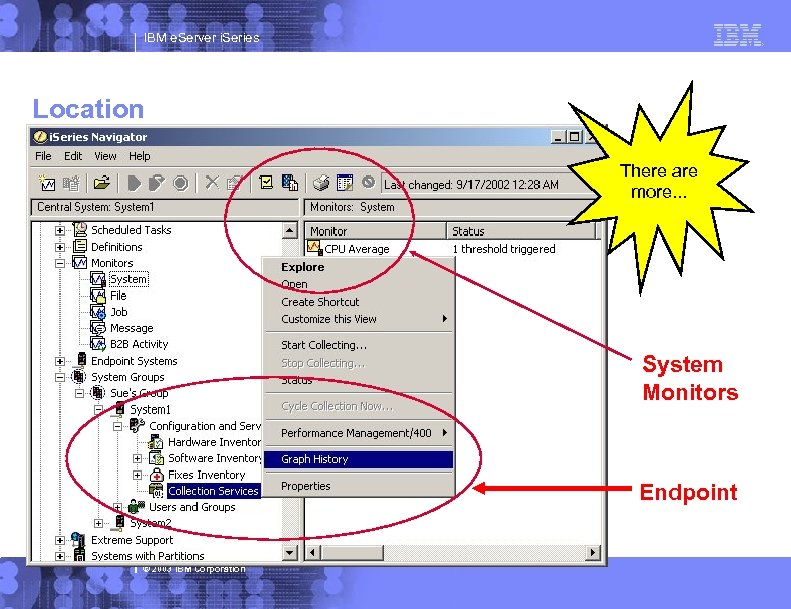 IBM e. Server i. Series Location There are more. . . System Monitors Endpoint