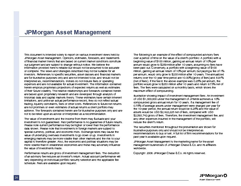 JPMorgan Asset Management This document is intended solely to report on various investment views