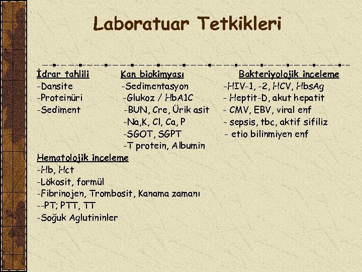 Laboratuar Tetkikleri İdrar tahlili -Dansite -Proteinüri -Sediment Kan biokimyası -Sedimentasyon -Glukoz / Hb. A