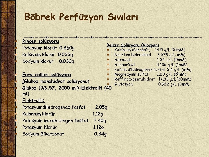 Böbrek Perfüzyon Sıvıları Ringer solüsyonu Potasyum klorür 0. 860 g Kalsiyum klorür 0. 033