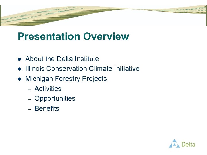 Presentation Overview l l l About the Delta Institute Illinois Conservation Climate Initiative Michigan