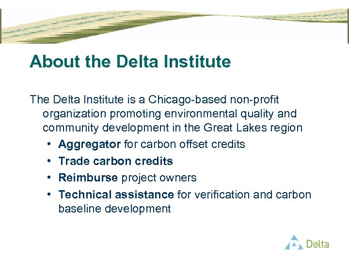 About the Delta Institute The Delta Institute is a Chicago-based non-profit organization promoting environmental