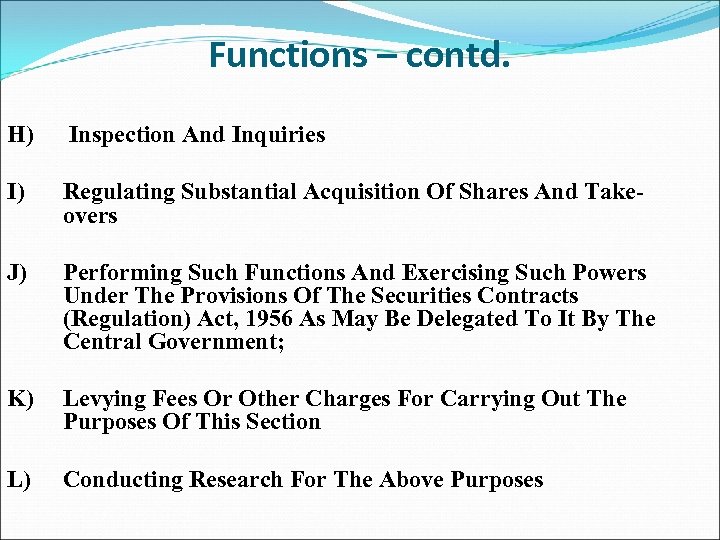 Functions – contd. H) Inspection And Inquiries I) Regulating Substantial Acquisition Of Shares And