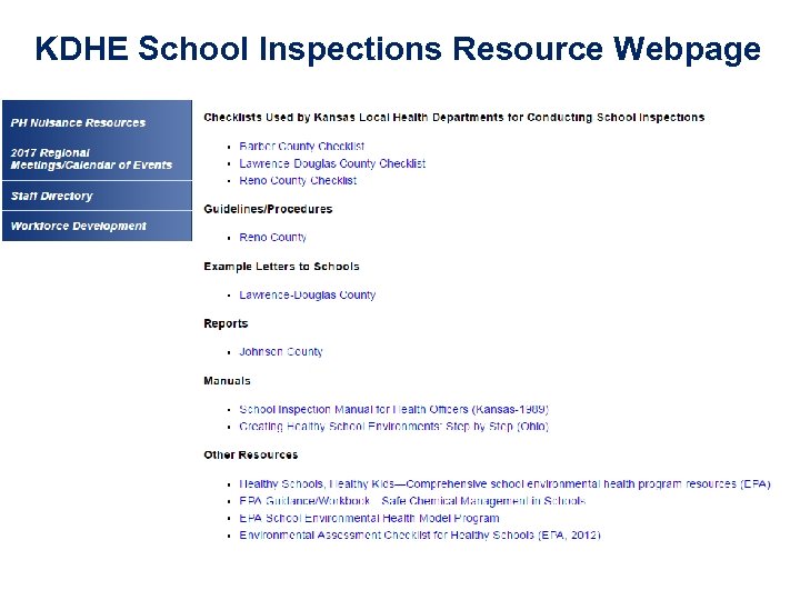 KDHE School Inspections Resource Webpage 