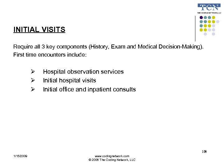 INITIAL VISITS Require all 3 key components (History, Exam and Medical Decision-Making). First time