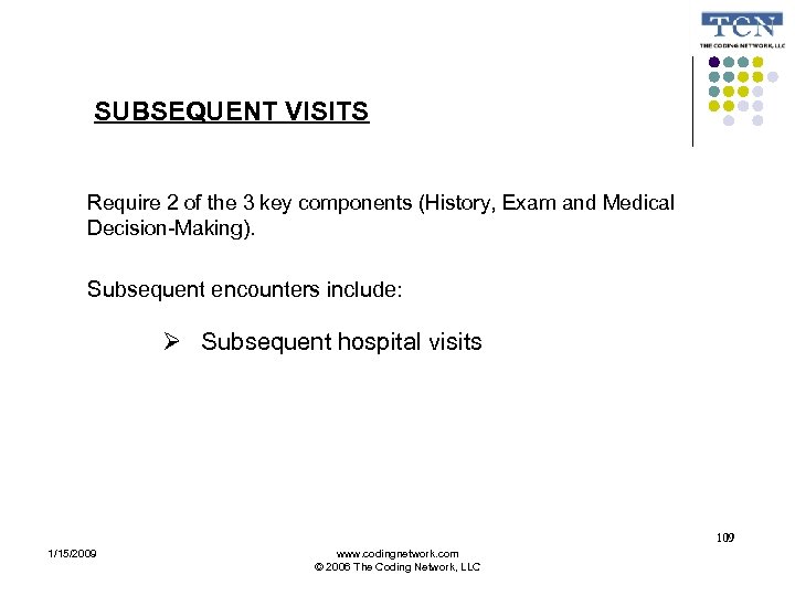 SUBSEQUENT VISITS Require 2 of the 3 key components (History, Exam and Medical Decision-Making).