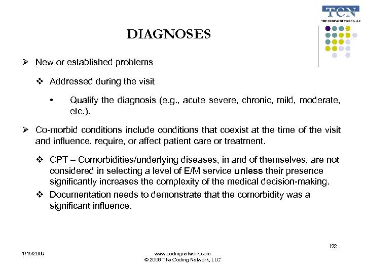 DIAGNOSES New or established problems Addressed during the visit • Qualify the diagnosis (e.