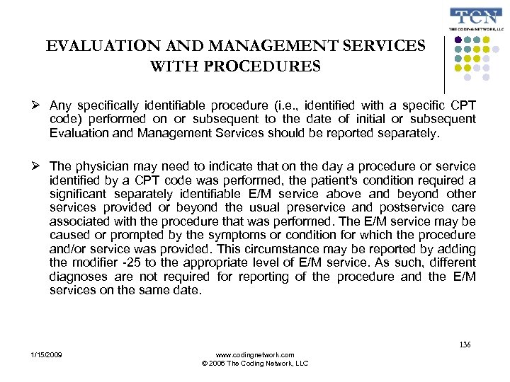 EVALUATION AND MANAGEMENT SERVICES WITH PROCEDURES Any specifically identifiable procedure (i. e. , identified