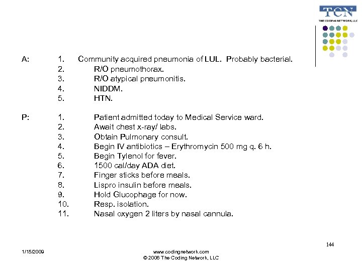 A: 1. Community acquired pneumonia of LUL. Probably bacterial. 2. R/O pneumothorax. 3. R/O