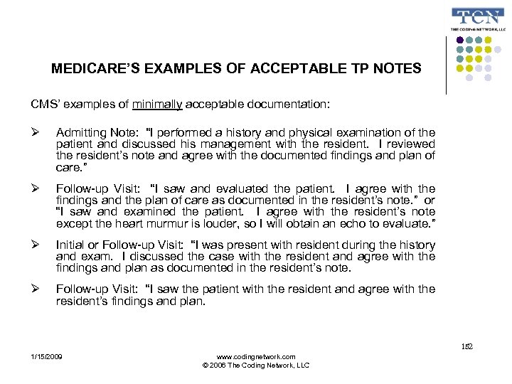 MEDICARE’S EXAMPLES OF ACCEPTABLE TP NOTES CMS’ examples of minimally acceptable documentation: Admitting Note: