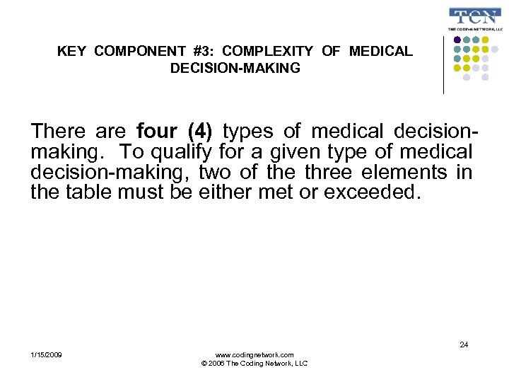 KEY COMPONENT #3: COMPLEXITY OF MEDICAL DECISION-MAKING There are four (4) types of medical
