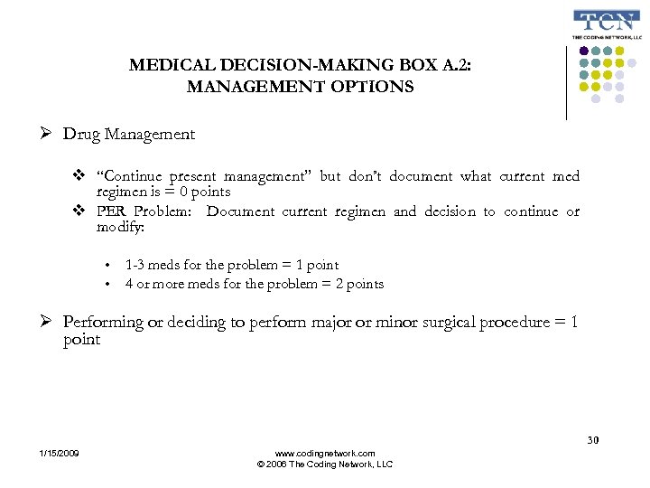 MEDICAL DECISION-MAKING BOX A. 2: MANAGEMENT OPTIONS Drug Management “Continue present management” but don’t