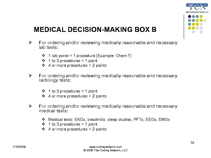 MEDICAL DECISION-MAKING BOX B For ordering and/or reviewing medically reasonable and necessary lab tests: