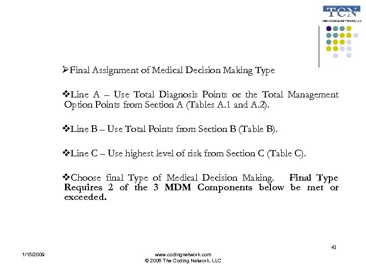  Final Assignment of Medical Decision Making Type Line A – Use Total Diagnosis
