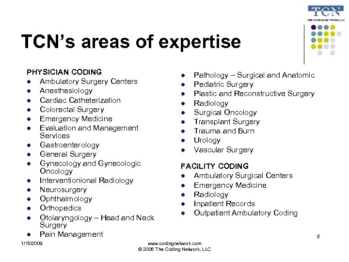 TCN’s areas of expertise PHYSICIAN CODING l Ambulatory Surgery Centers l Anesthesiology l Cardiac