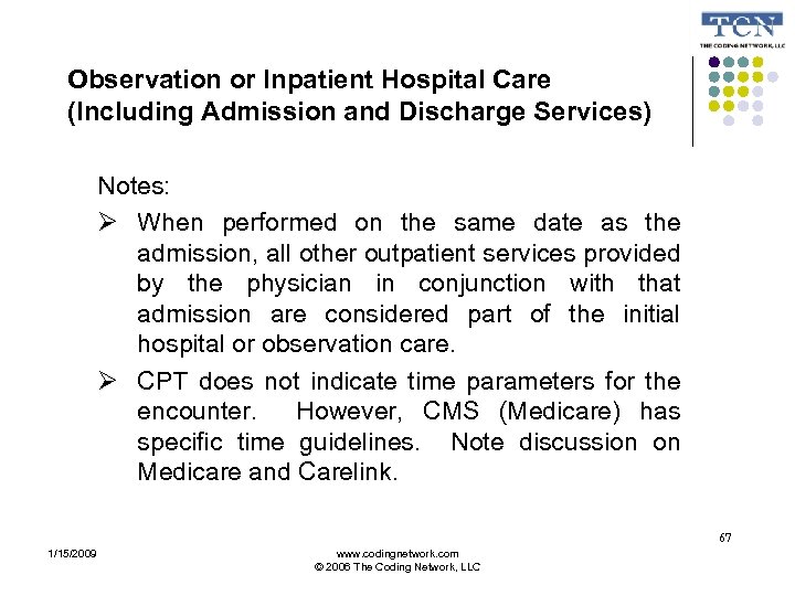 Observation or Inpatient Hospital Care (Including Admission and Discharge Services) Notes: When performed on