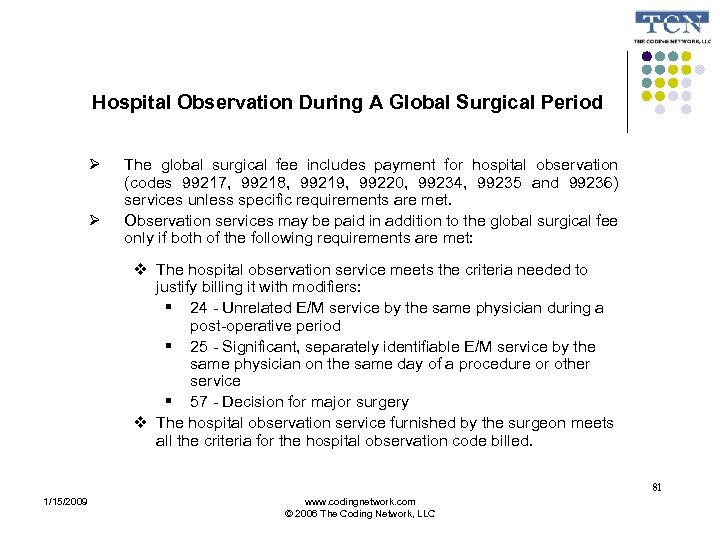 Hospital Observation During A Global Surgical Period The global surgical fee includes payment for