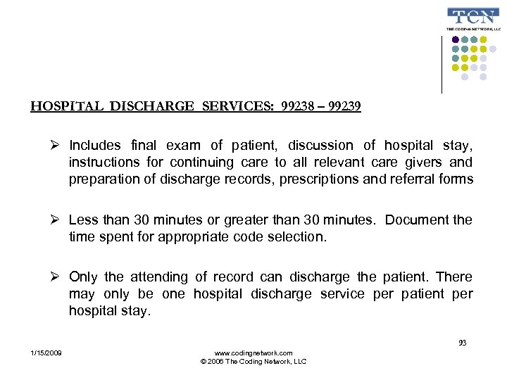 HOSPITAL DISCHARGE SERVICES: 99238 – 99239 Includes final exam of patient, discussion of hospital