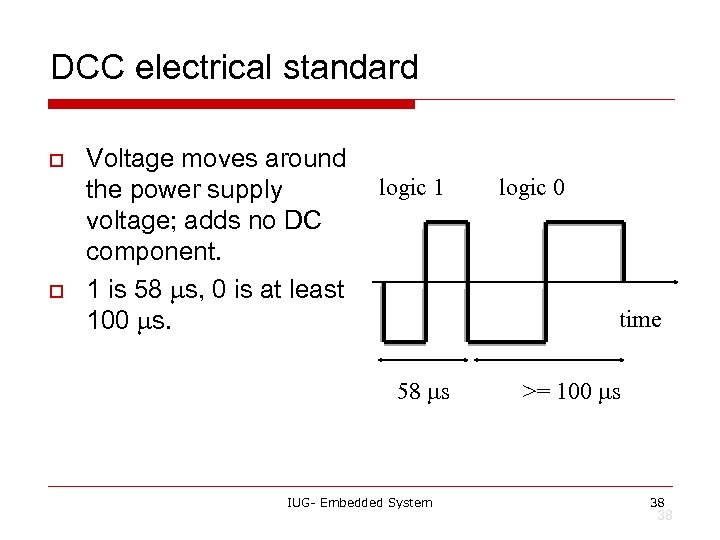 DCC electrical standard o o Voltage moves around the power supply voltage; adds no
