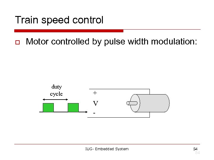 Train speed control o Motor controlled by pulse width modulation: duty cycle + V