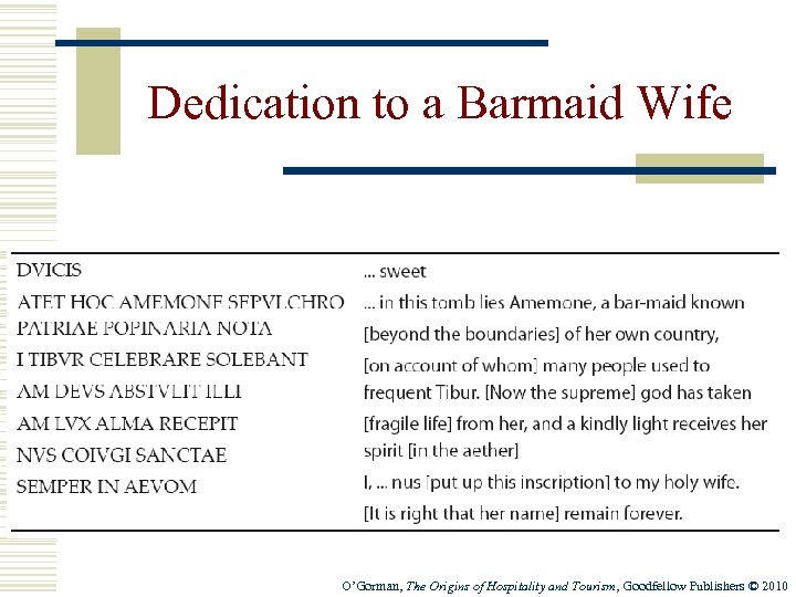 Dedication to a Barmaid Wife O’Gorman, The Origins of Hospitality and Tourism, Goodfellow Publishers