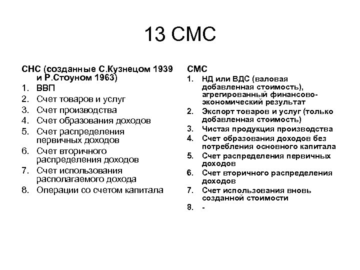 13 СМС СНС (созданные С. Кузнецом 1939 и Р. Стоуном 1963) 1. ВВП 2.