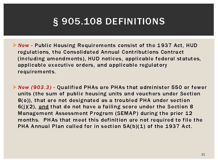§ 905. 108 DEFINITIONS Ø New - Public Housing Requirements consist of the 1937