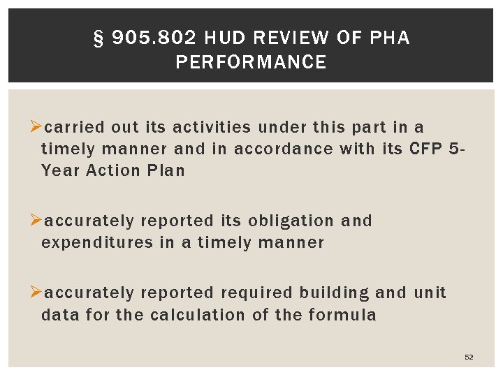 § 905. 802 HUD REVIEW OF PHA PERFORMANCE Ø carried out its activities under