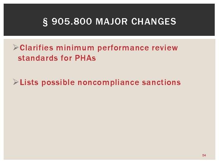 § 905. 800 MAJOR CHANGES Ø Clarifies minimum performance review standards for PHAs Ø