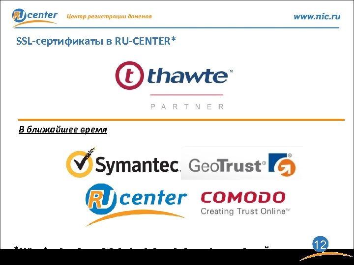 SSL-сертификаты в RU-CENTER* В ближайшее время *сертификаты отличаются списком дополнительных опций 12 