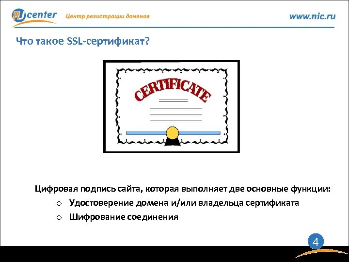 Что такое SSL-сертификат? Цифровая подпись сайта, которая выполняет две основные функции: o Удостоверение домена