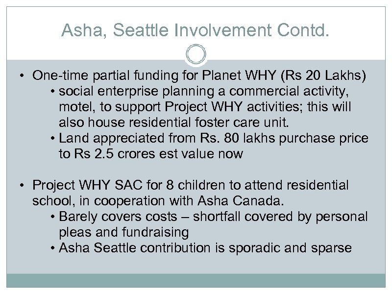 Asha, Seattle Involvement Contd. • One-time partial funding for Planet WHY (Rs 20 Lakhs)