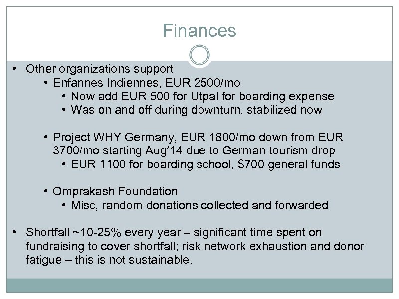 Finances • Other organizations support • Enfannes Indiennes, EUR 2500/mo • Now add EUR